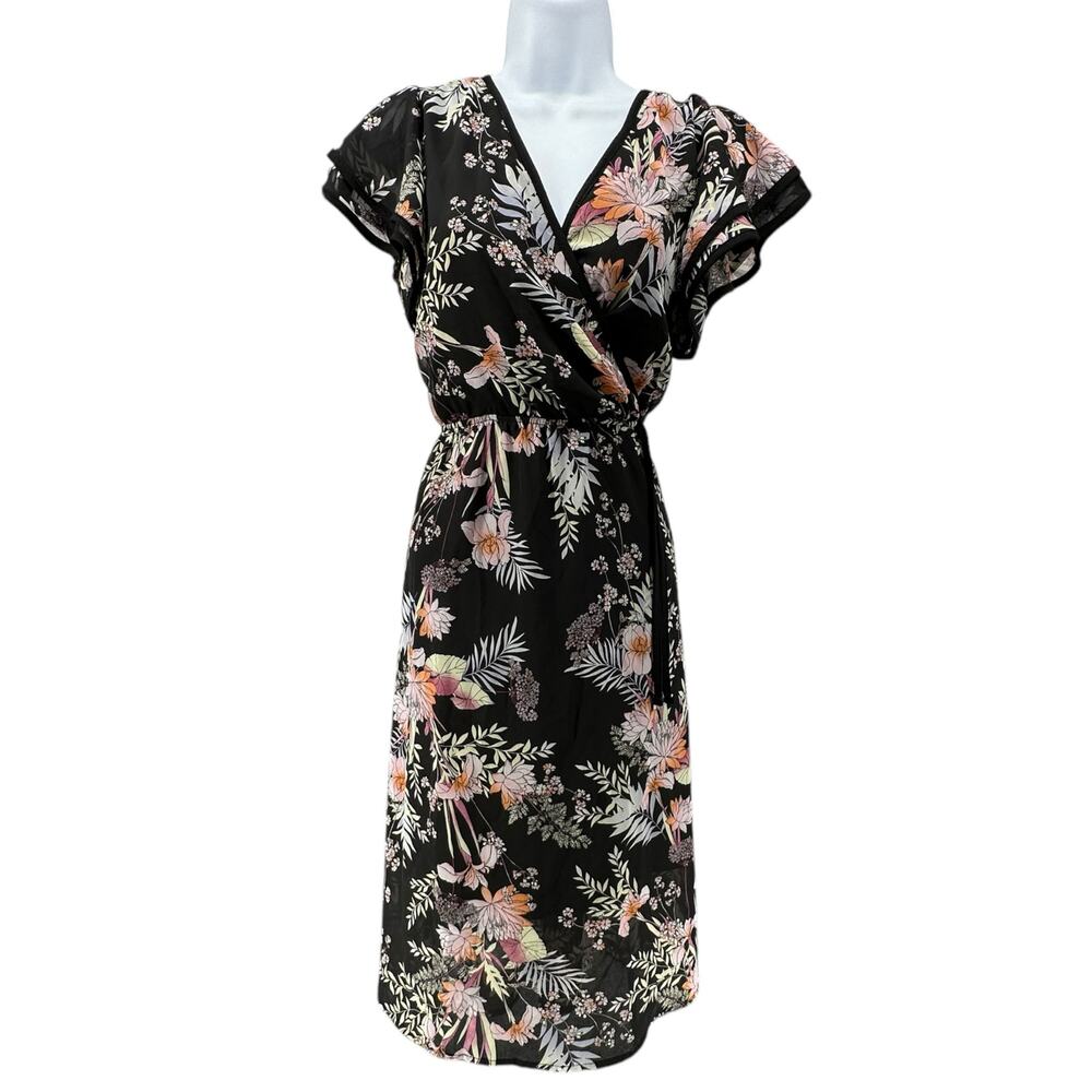 Superfoxx Small Black Floral Faux Wrap Fit and Flair Dress Fairy Whimisical